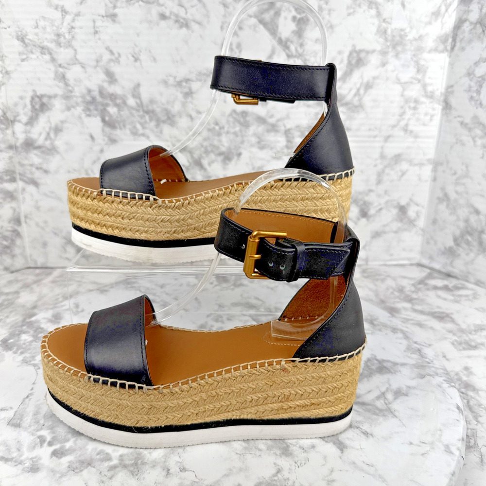 See by Chloe Womens Glyn Platform Espadrille Sandal Black Leather Size 6 EUR 36